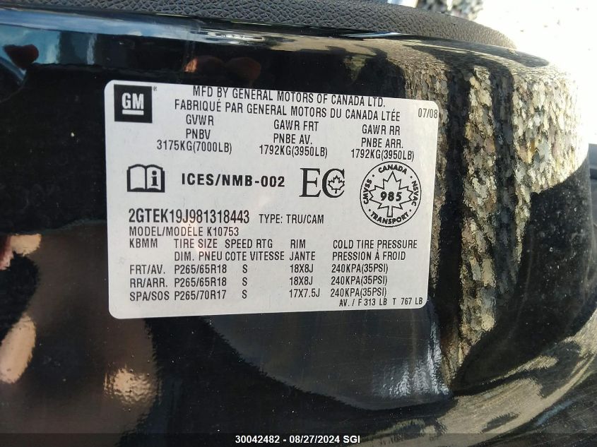 2008 GMC Sierra K1500 VIN: 2GTEK19J981318443 Lot: 30042482
