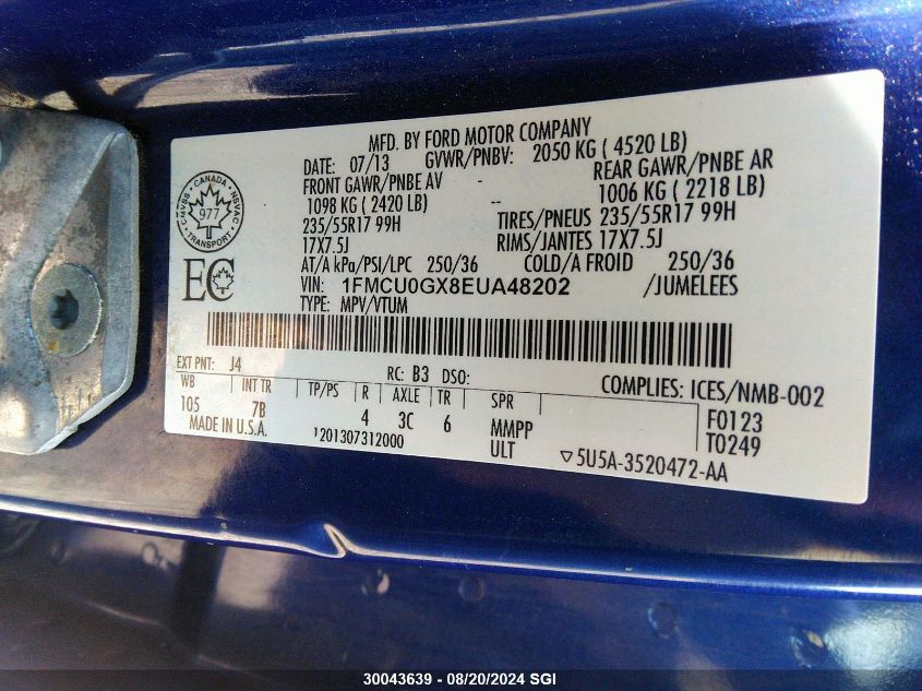 2014 Ford Escape Se VIN: 1FMCU0GX8EUA48202 Lot: 30043639