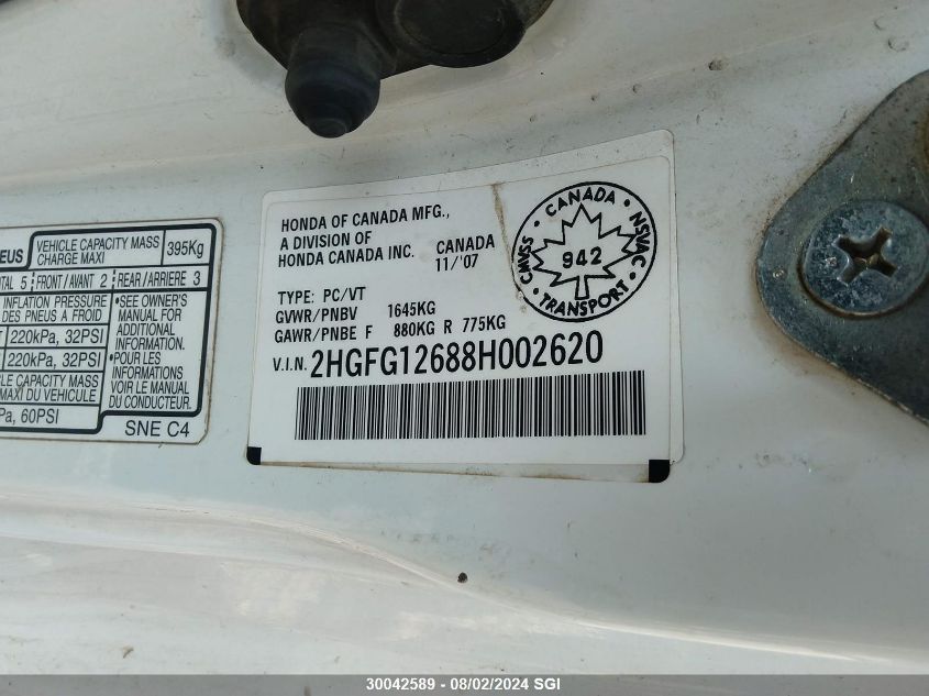 2008 Honda Civic Lx VIN: 2HGFG12688H002620 Lot: 30042589