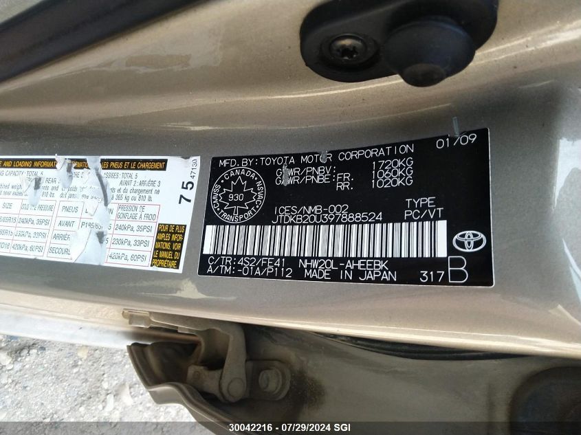 2009 Toyota Prius VIN: JTDKB20U397888524 Lot: 30042216