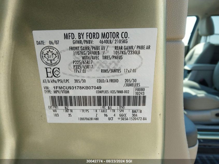 2008 Ford Escape Xlt VIN: 1FMCU93178KB07049 Lot: 30042774