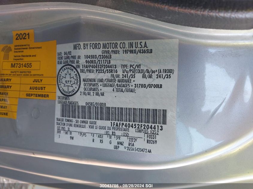 2002 Ford Mustang VIN: 1FAFP40452F204413 Lot: 30043786