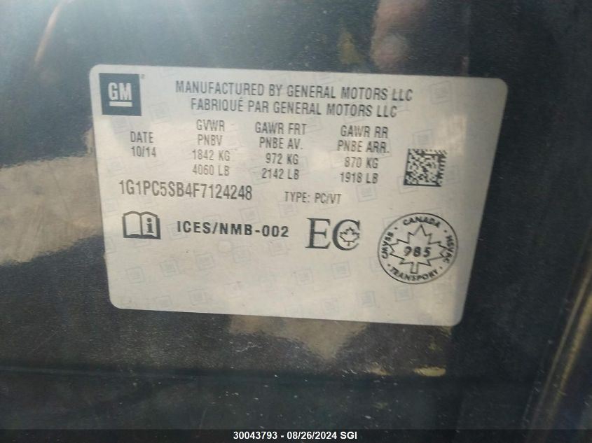 2015 Chevrolet Cruze Lt VIN: 1G1PC5SB4F7124248 Lot: 30043793