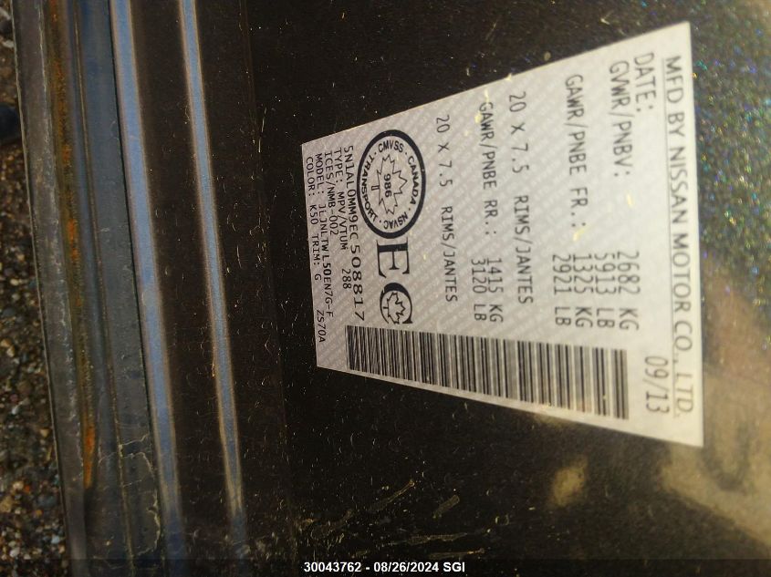 2014 Infiniti Qx60 VIN: 5N1AL0MM9EC508817 Lot: 30043762