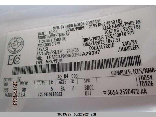 2015 Ford Escape Se VIN: 1FMCU9G9XFUA29397 Lot: 30043795