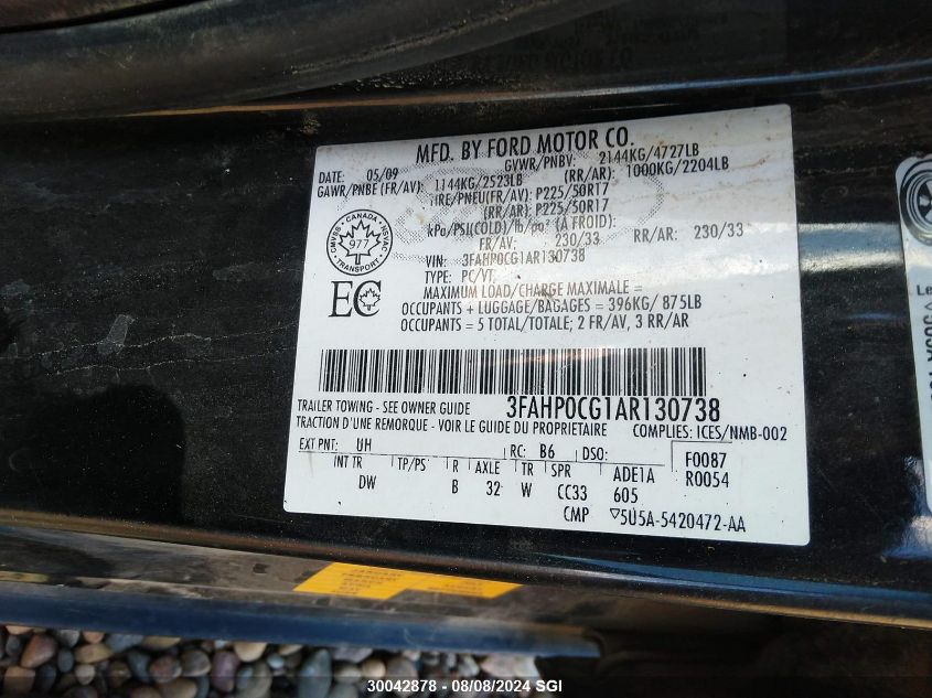 2010 Ford Fusion Sel VIN: 3FAHP0CG1AR130738 Lot: 30042878