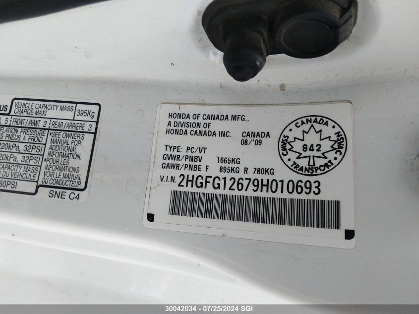 2009 Honda Civic Lx VIN: 2HGFG12679H010693 Lot: 30042034