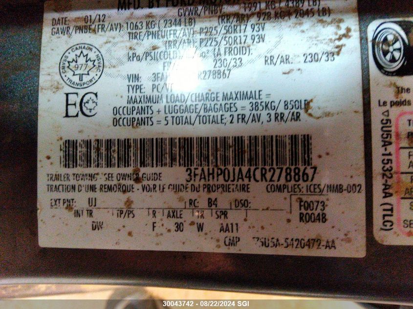 2012 Ford Fusion Sel VIN: 3FAHP0JA4CR278867 Lot: 30043742