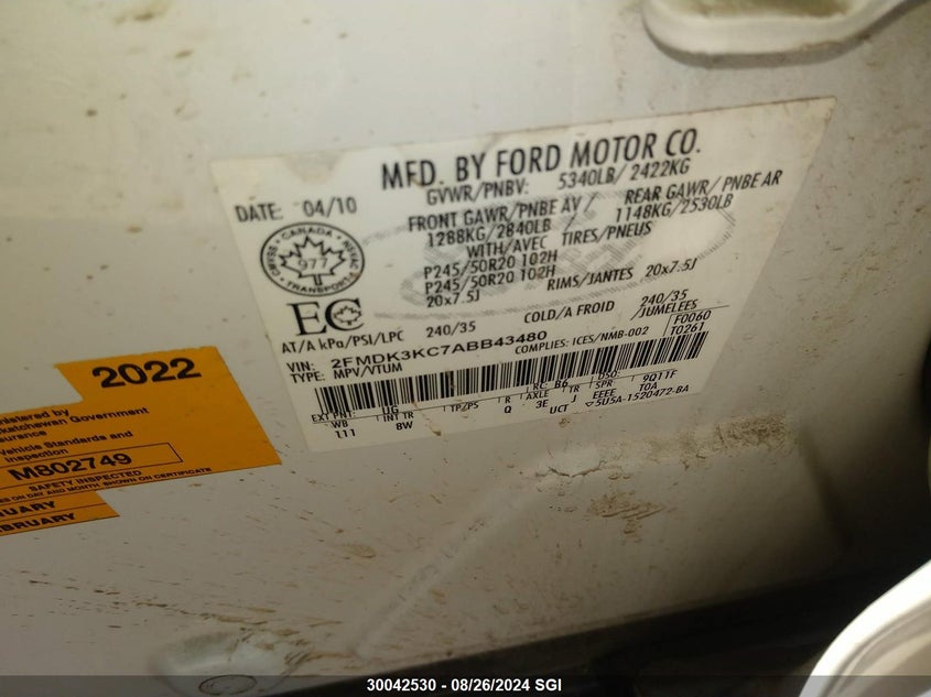 2010 Ford Edge Limited VIN: 2FMDK3KC7ABB43480 Lot: 30042530