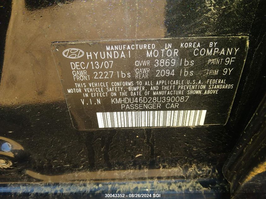 2008 Hyundai Elantra Gls/Se/Limited VIN: KMHDU46D28U390087 Lot: 30043352