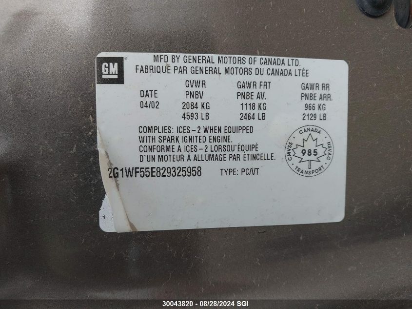 2002 Chevrolet Impala VIN: 2G1WF55E829325958 Lot: 30043820