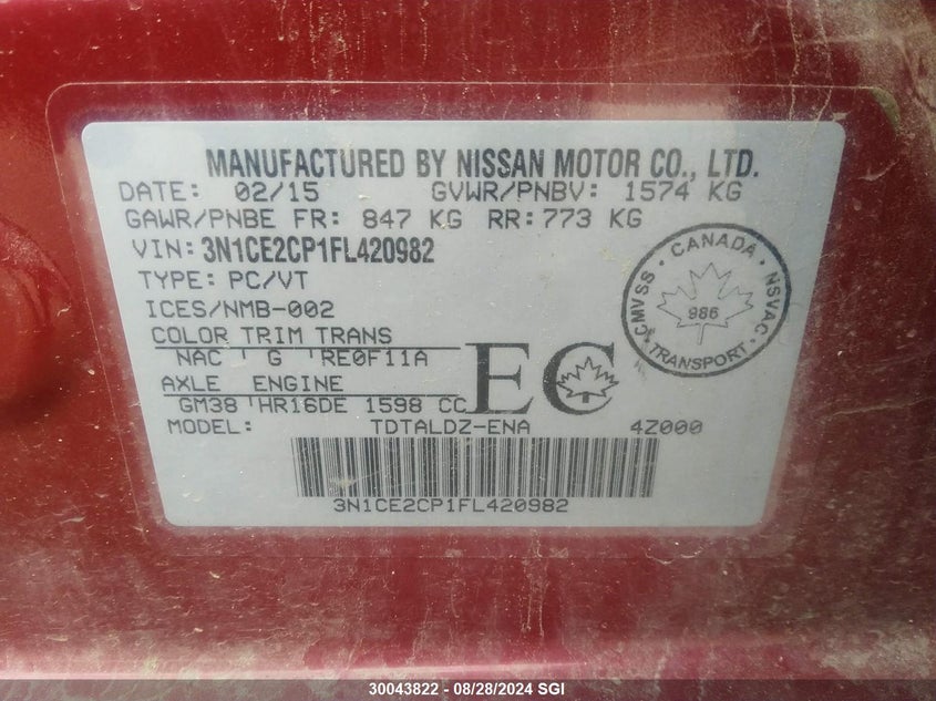 2015 Nissan Versa Note S/S Plus/Sv/Sl/Sr VIN: 3N1CE2CP1FL420982 Lot: 30043822