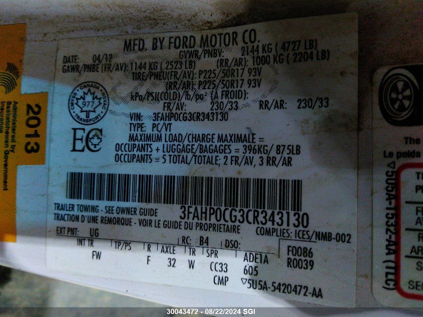 2012 Ford Fusion Sel VIN: 3FAHP0CG3CR343130 Lot: 30043472