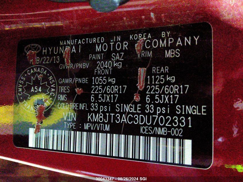 2013 Hyundai Tucson Gl VIN: KM8JT3AC3DU702331 Lot: 30043347