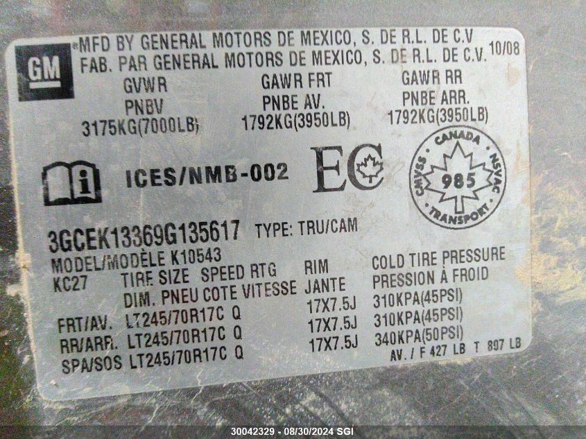 2009 Chevrolet Silverado K1500 VIN: 3GCEK13369G135617 Lot: 30042329