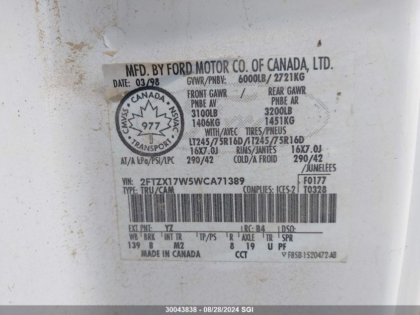 1998 Ford F150 VIN: 2FTZX17W5WCA71389 Lot: 30043838