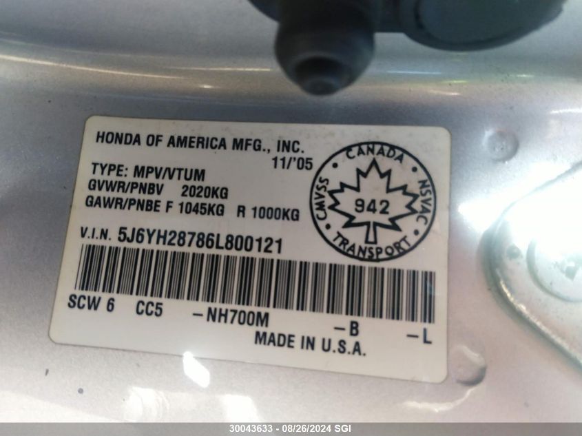 2006 Honda Element Ex VIN: 5J6YH28786L800121 Lot: 30043633