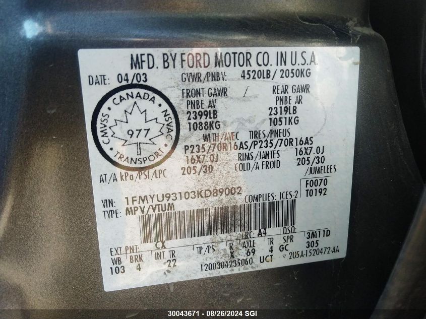 2003 Ford Escape Xlt VIN: 1FMYU93103KD89002 Lot: 30043671