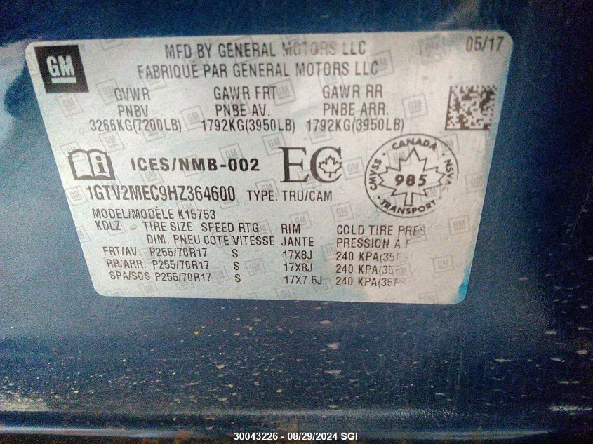 2017 GMC Sierra K1500 Sle VIN: 1GTV2MEC9HZ364600 Lot: 30043226
