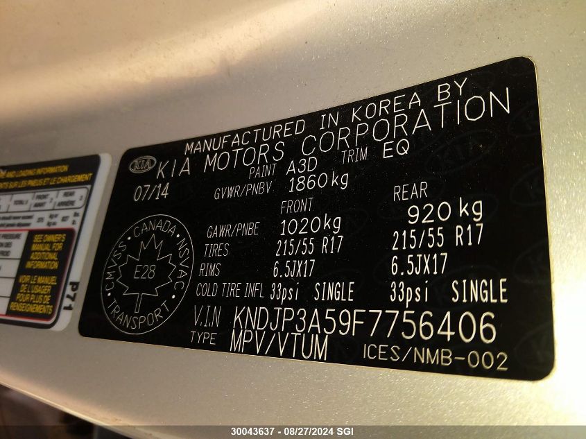 2015 Kia Soul + VIN: KNDJP3A59F7756406 Lot: 30043637