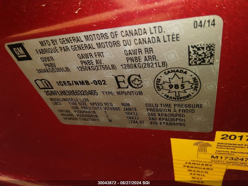 2014 Chevrolet Equinox Ltz VIN: 2GNFLHE38E6320465 Lot: 30043872