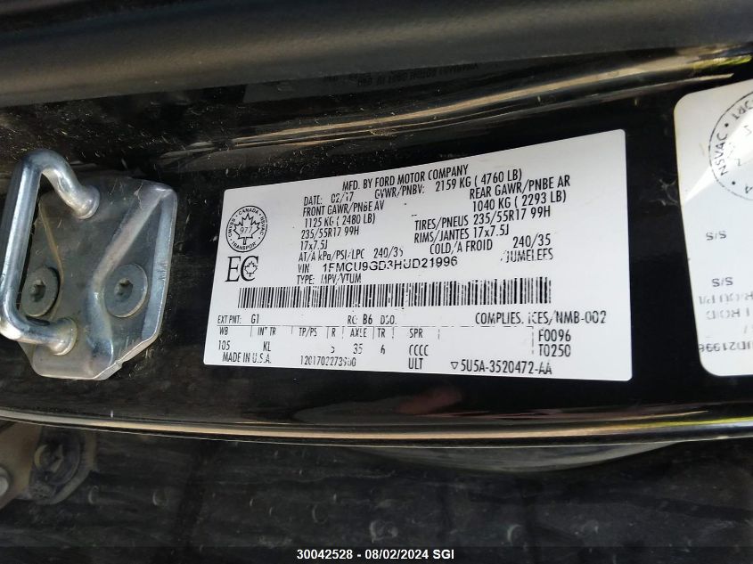 2017 Ford Escape Se VIN: 1FMCU9GD3HUD21996 Lot: 30042528