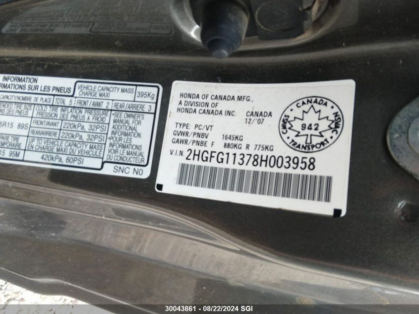 2008 Honda Civic Dx-G VIN: 2HGFG11378H003958 Lot: 30043861