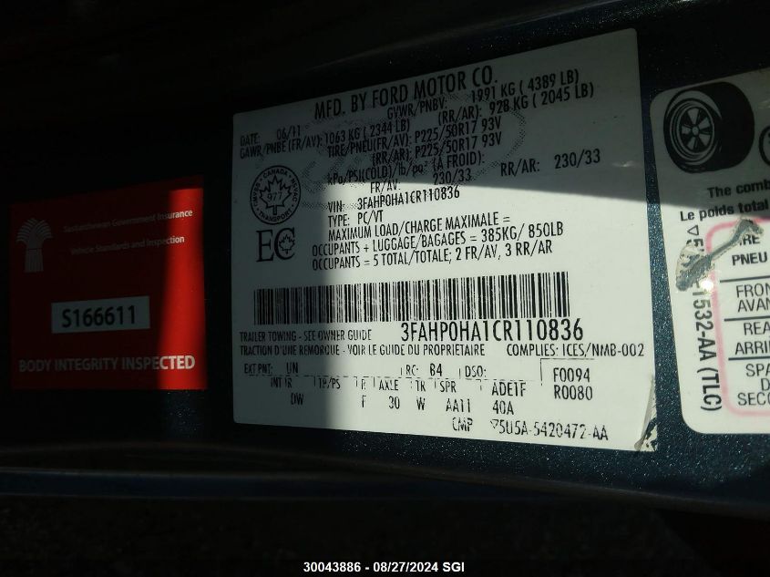 2012 Ford Fusion Se VIN: 3FAHP0HA1CR110836 Lot: 30043886