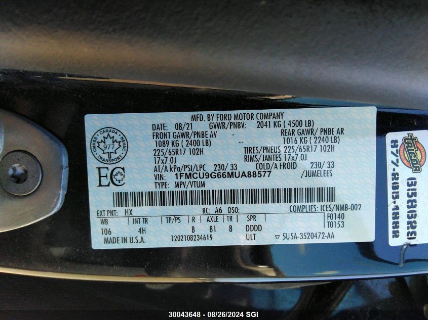 2021 Ford Escape Se VIN: 1FMCU9G66MUA88577 Lot: 30043648