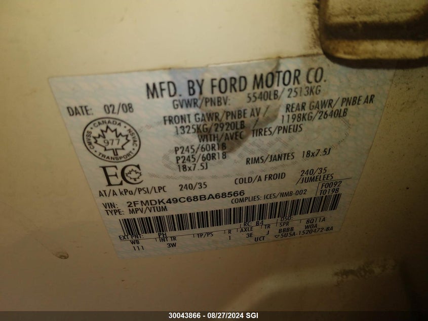 2008 Ford Edge Limited VIN: 2FMDK49C68BA68566 Lot: 30043866