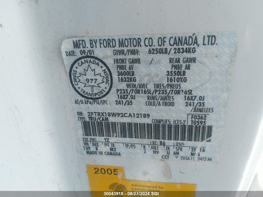 2002 Ford F150 VIN: 2FTRX18W92CA12189 Lot: 30043918