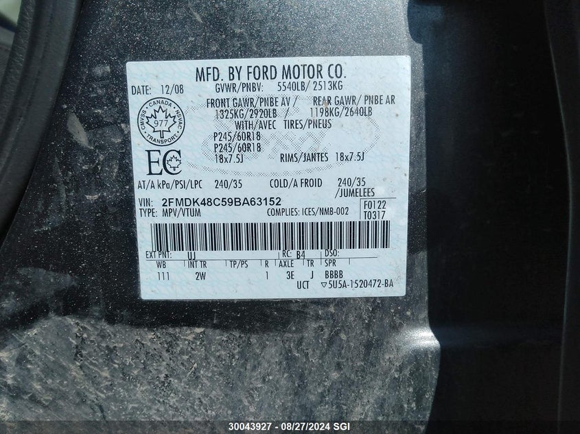 2009 Ford Edge Sel VIN: 2FMDK48C59BA63152 Lot: 30043927