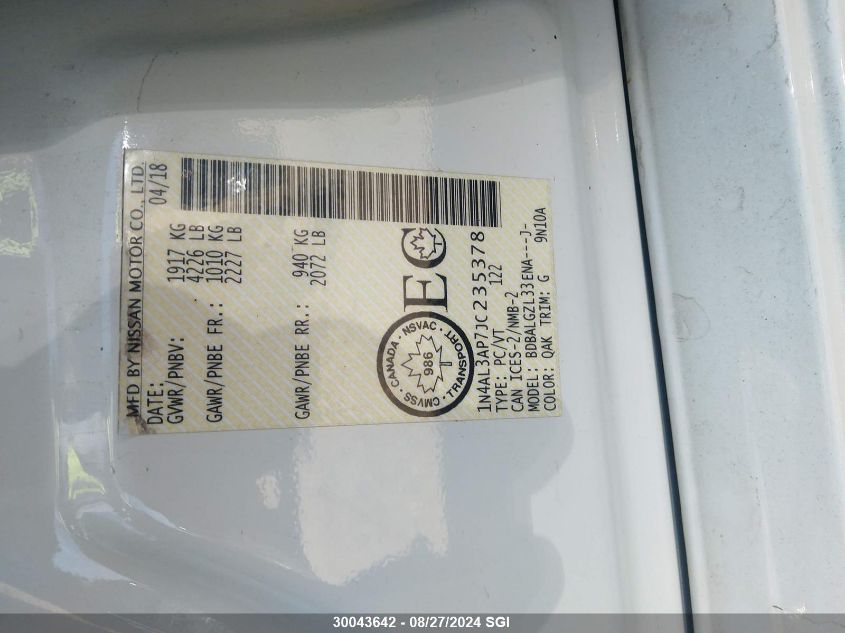 2018 Nissan Altima 2.5/S/Sv/Sl/Sr VIN: 1N4AL3AP7JC235378 Lot: 30043642
