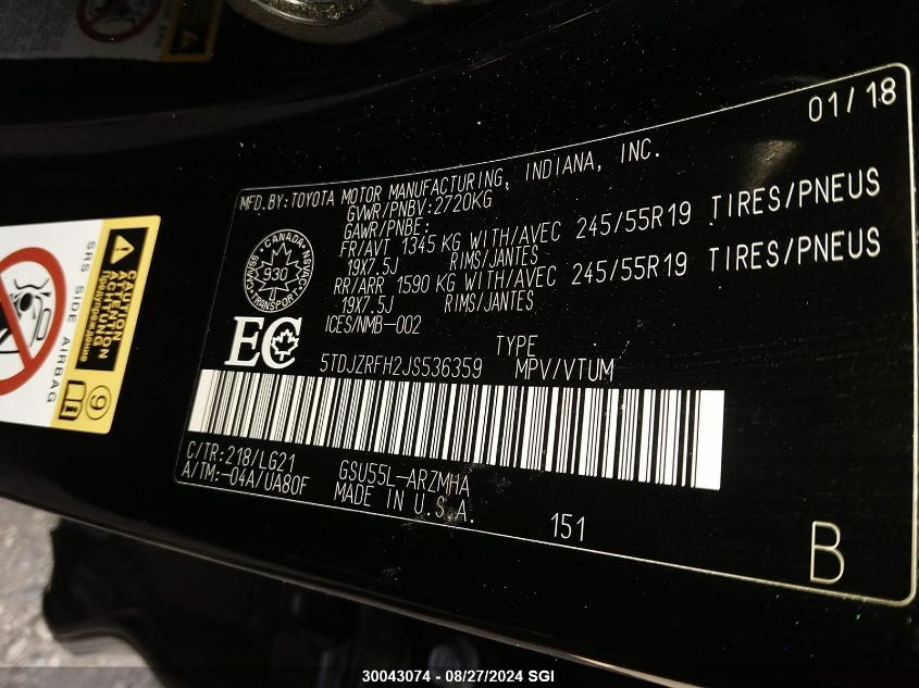 2018 Toyota Highlander Se/Xle VIN: 5TDJZRFH2JS536359 Lot: 30043074