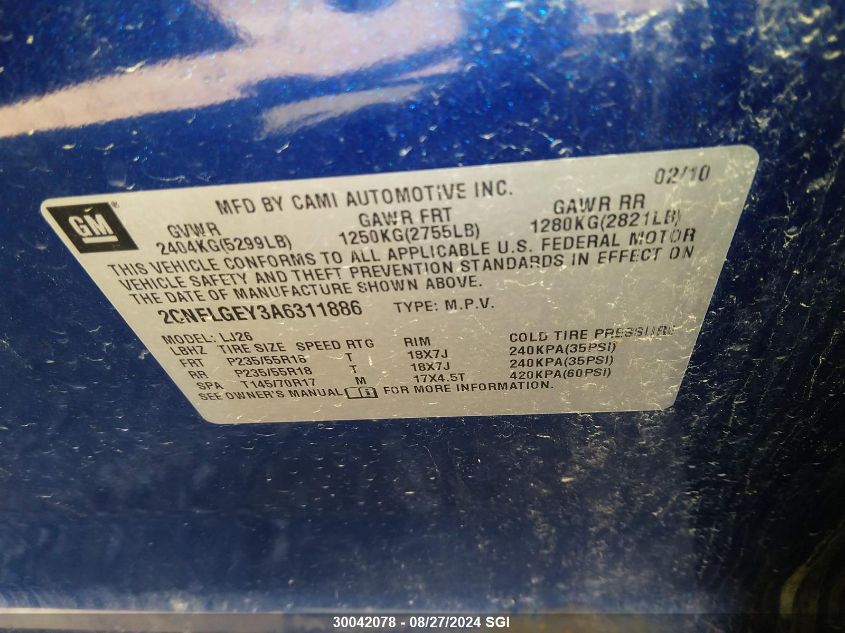 2010 Chevrolet Equinox Ltz VIN: 2CNFLGEY3A6311886 Lot: 30042078