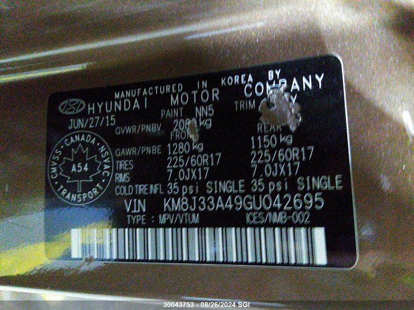 2016 Hyundai Tucson Limited/Sport And Eco/Se VIN: KM8J33A49GU042695 Lot: 30043753