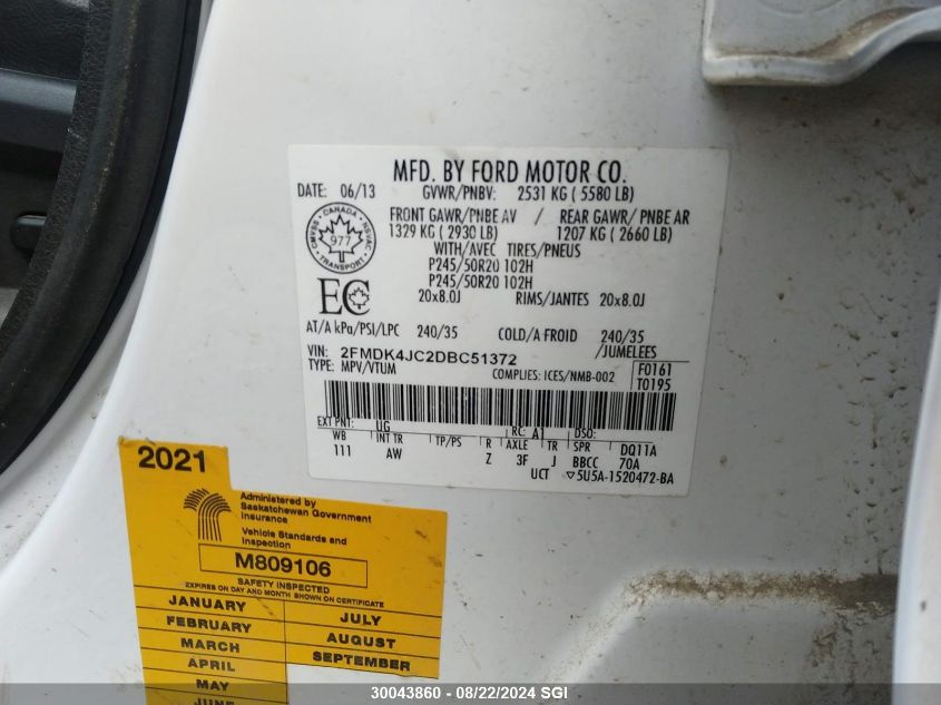 2013 Ford Edge Sel VIN: 2FMDK4JC2DBC51372 Lot: 30043860