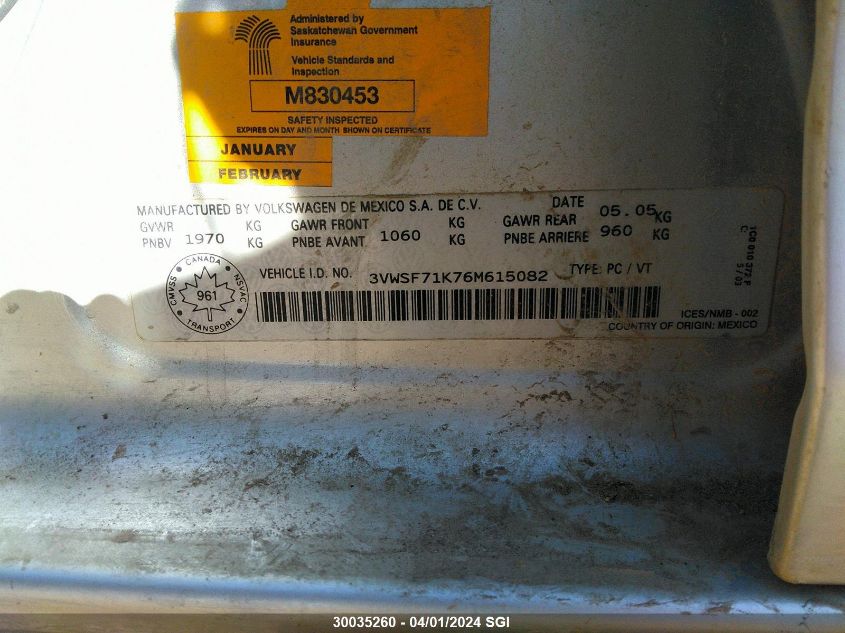 2006 Volkswagen Jetta 2.5 Option Package 1 VIN: 3VWSF71K76M615082 Lot: 30035260