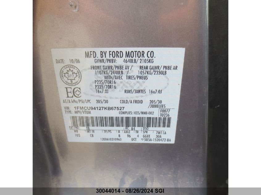 2007 Ford Escape Limited VIN: 1FMCU94127KB67527 Lot: 30044014