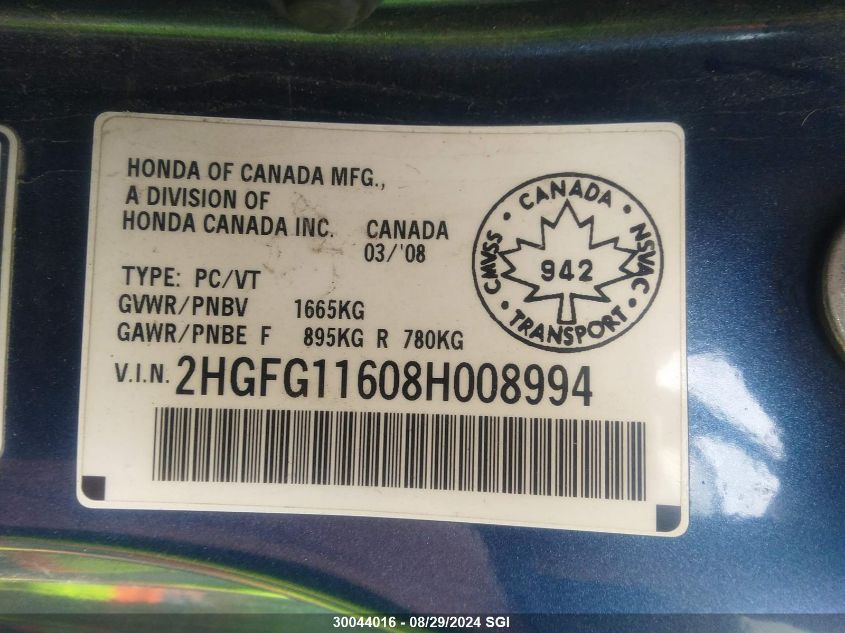 2008 Honda Civic Lx VIN: 2HGFG11608H008994 Lot: 30044016