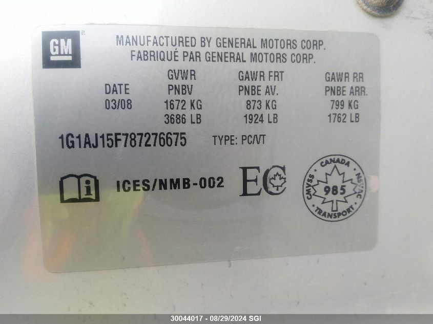 2008 Chevrolet Cobalt Ls VIN: 1G1AJ15F787276675 Lot: 30044017