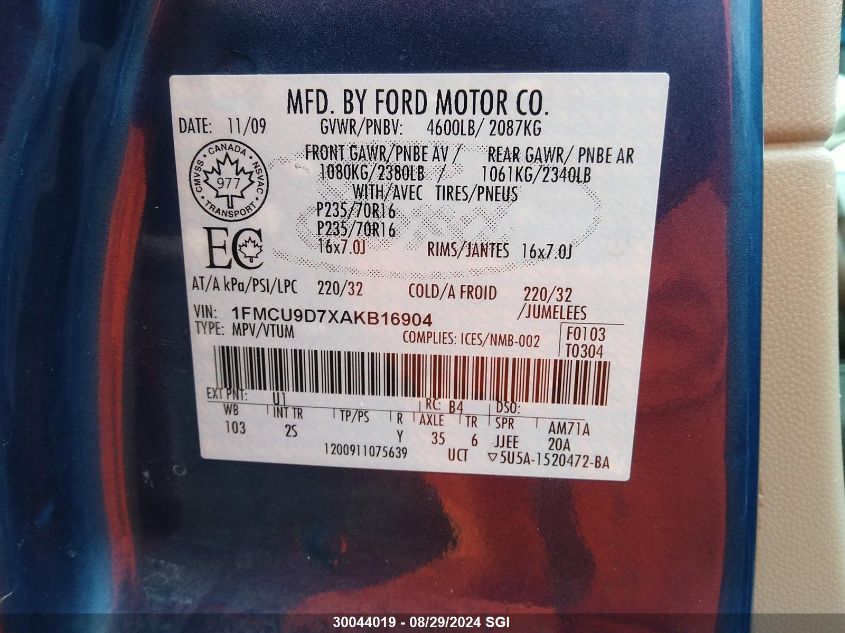 2010 Ford Escape Xlt VIN: 1FMCU9D7XAKB16904 Lot: 30044019