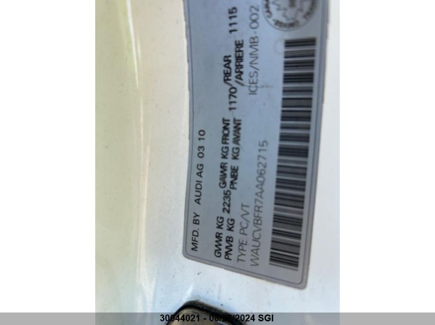 2010 Audi S5 Premium Plus VIN: WAUCVBFR7AA062715 Lot: 30044021