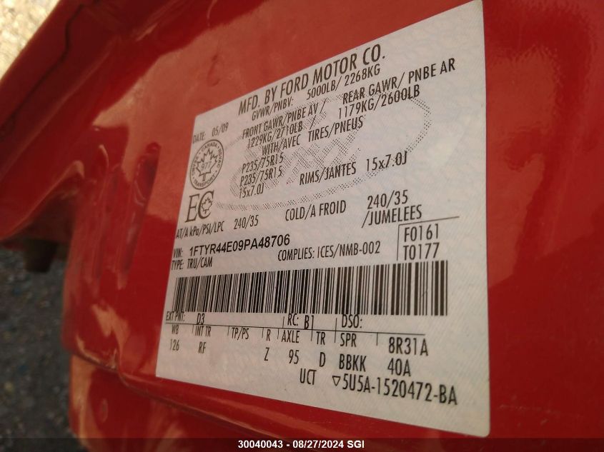 2009 Ford Ranger Super Cab VIN: 1FTYR44E09PA48706 Lot: 30040043