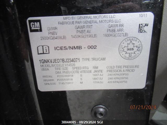 2011 Chevrolet Traverse Lt VIN: 1GNKVJED7BJ234071 Lot: 30044085