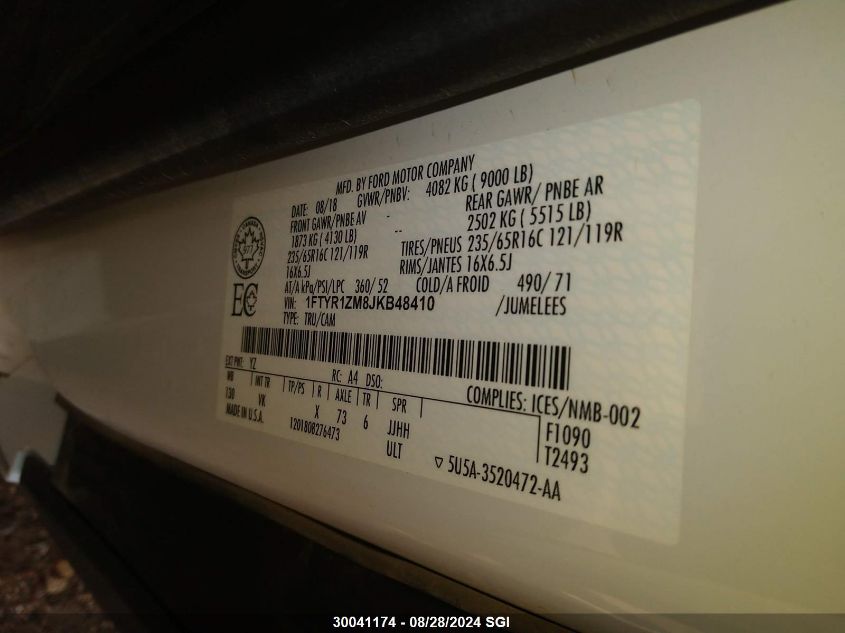 2018 Ford Transit T-250 VIN: 1FTYR1ZM8JKB48410 Lot: 30041174