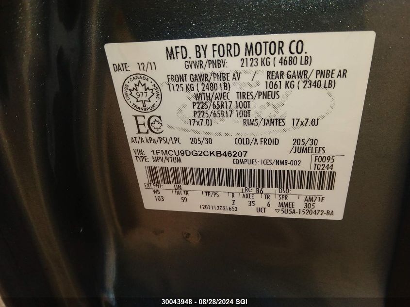 2012 Ford Escape Xlt VIN: 1FMCU9DG2CKB46207 Lot: 30043948