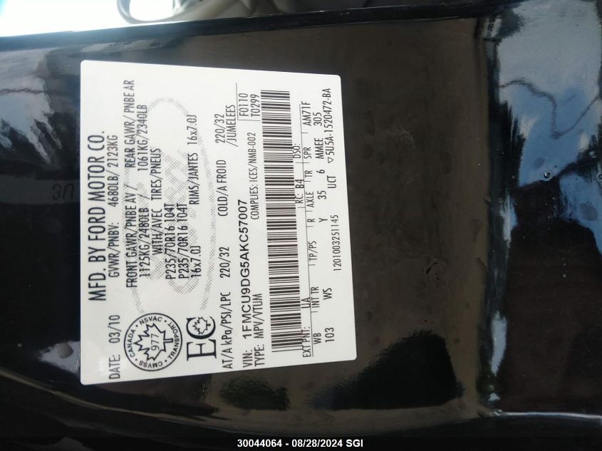 2010 Ford Escape Xlt VIN: 1FMCU9DG5AKC57007 Lot: 30044064