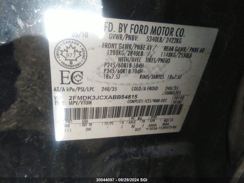 2010 Ford Edge Sel VIN: 2FMDK3JCXABB54815 Lot: 30044097