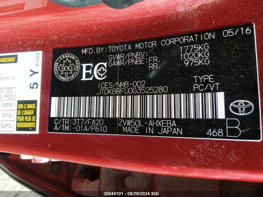 2016 Toyota Prius VIN: JTDKBRFU0G3525280 Lot: 30044101